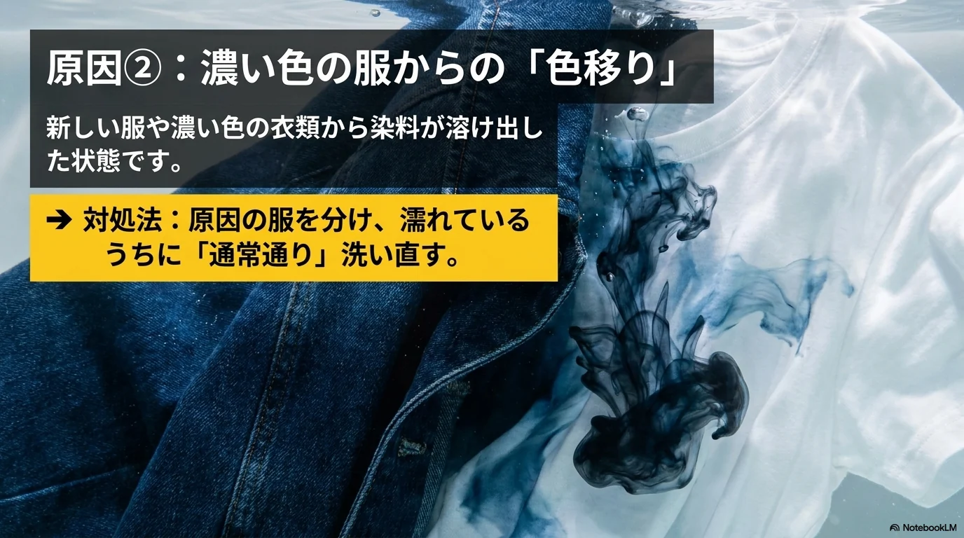 濃い色の衣類から淡色衣類へ紫の色移りが起きる例