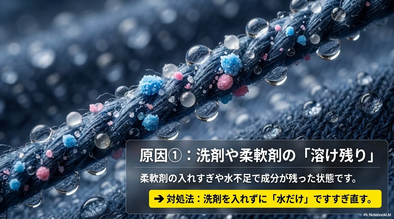 洗剤や柔軟剤の残りが紫シミのように見える原因