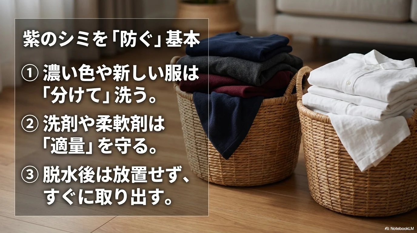 洗濯の紫シミを防ぐために濃色衣類を分けて洗う基本
