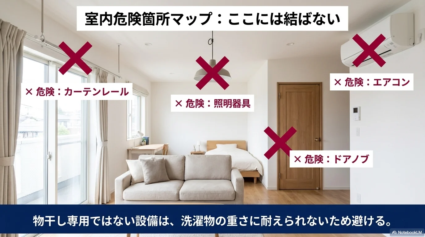 カーテンレールや照明やエアコンなど洗濯ロープを結ばない方がよい場所