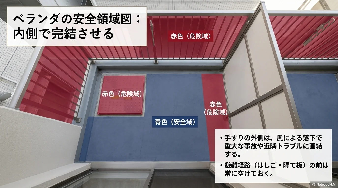 ベランダで洗濯ロープを張る時は手すりの内側と避難経路を確認する