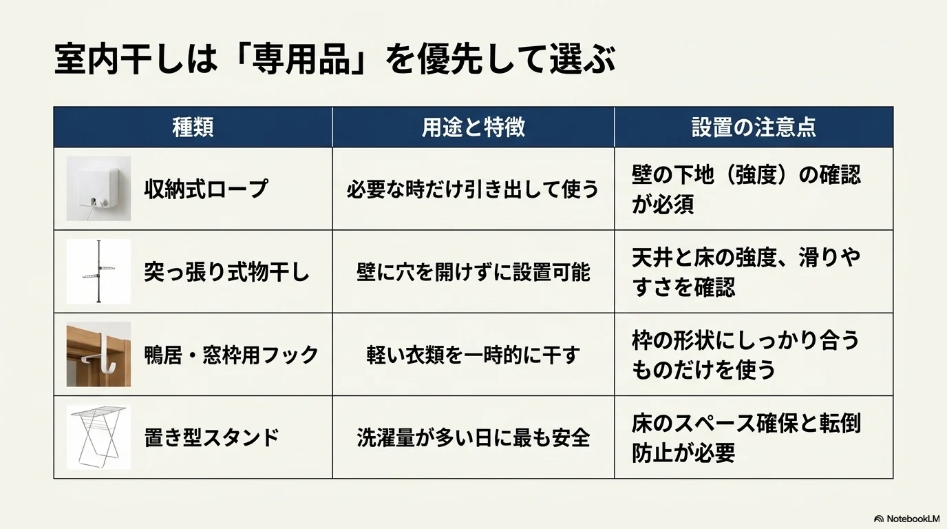 室内で洗濯ロープを張る時に使いやすい専用品の種類
