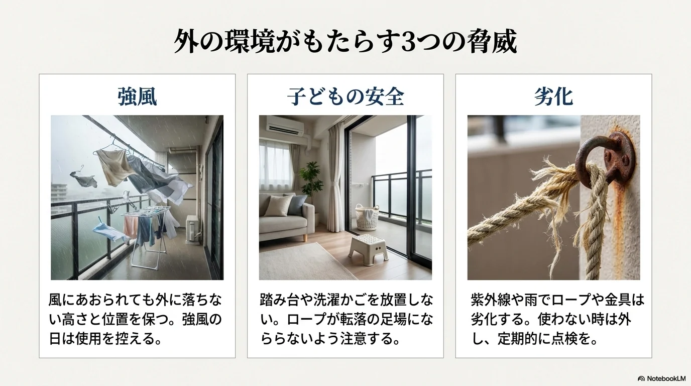 屋外の風や日差しで洗濯ロープが劣化するため定期的に点検する
