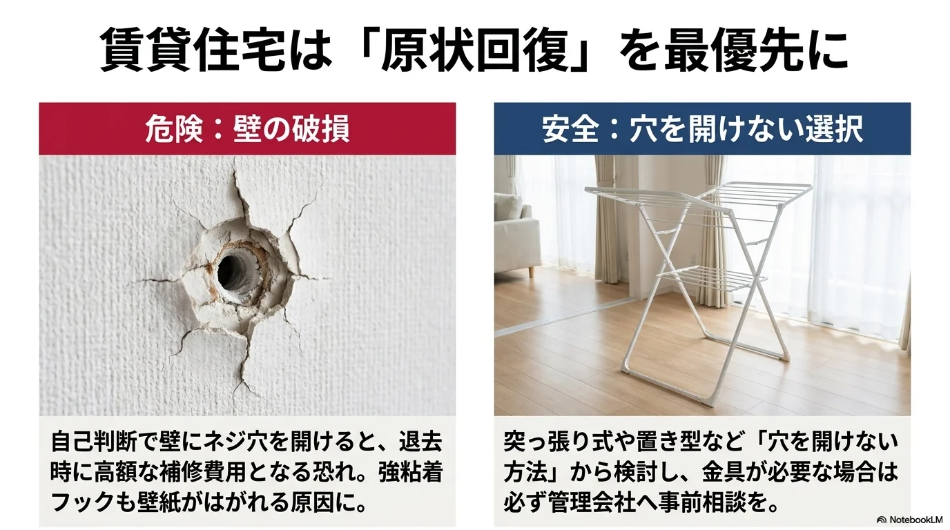 賃貸住宅で壁に穴を開けずに洗濯ロープを使う考え方