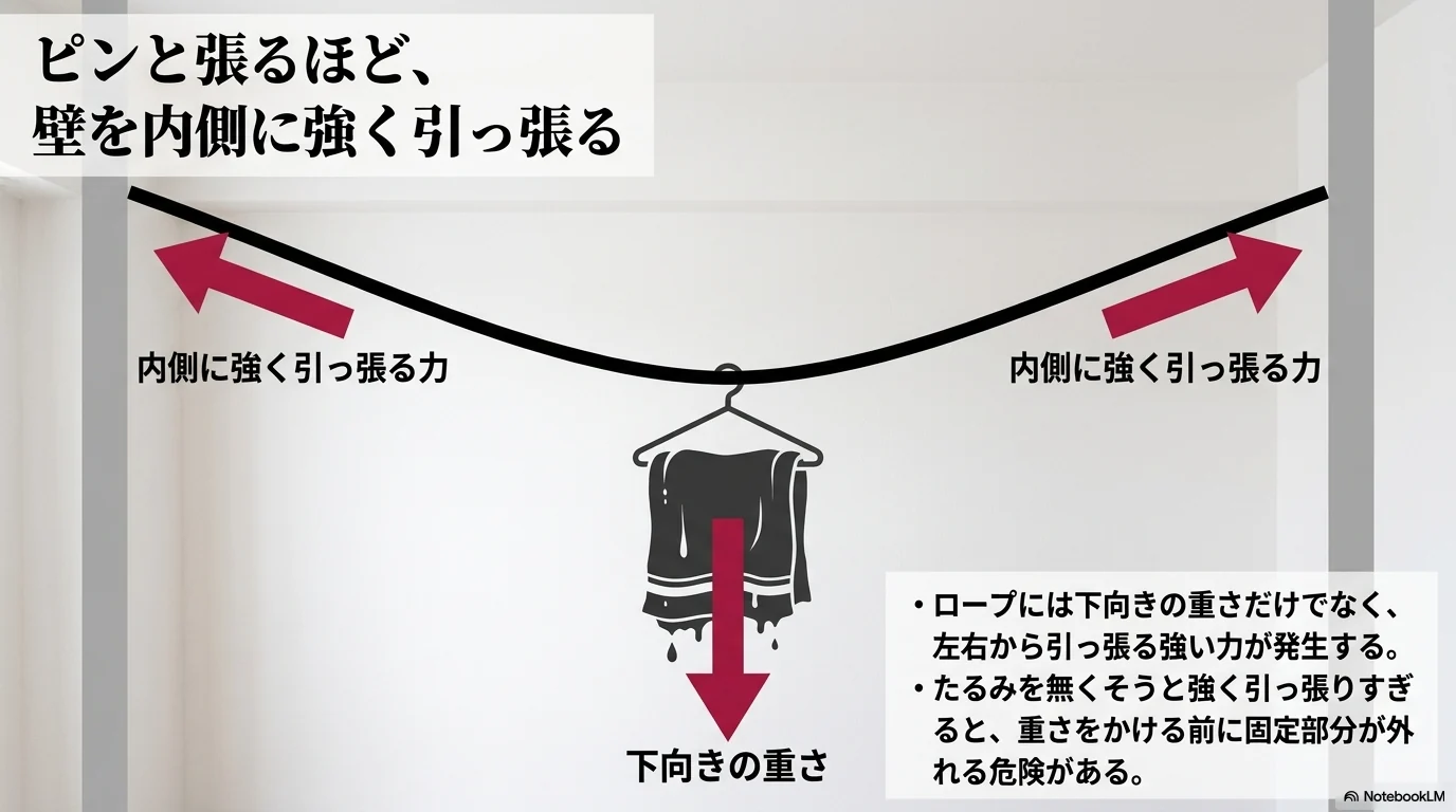 洗濯ロープを強く張るほど固定部分に横方向の力がかかる注意点