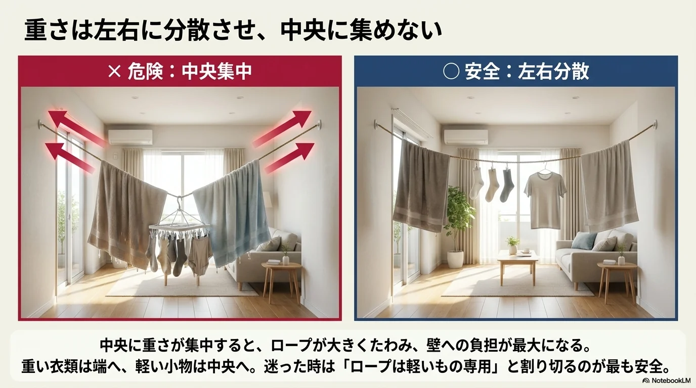 洗濯ロープに干す重さを中央に集めず左右へ分散する例