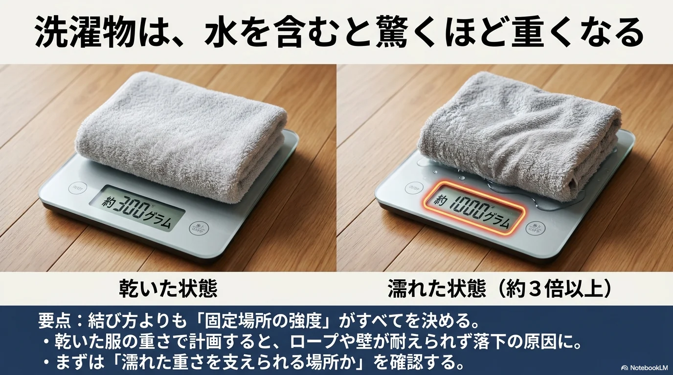 洗濯物は濡れると重くなるためロープを張る前に重さを見積もる