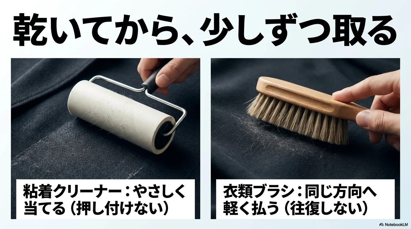 乾いた服に残ったティッシュを粘着クリーナーと衣類ブラシで取る方法