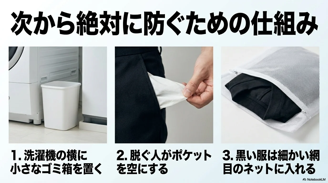 洗濯でティッシュを洗わないためにゴミ箱とポケット確認と細目ネットを使う予防策