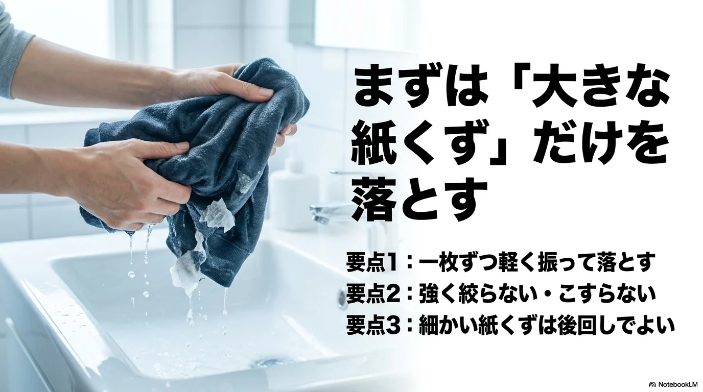 ティッシュを洗った後にまず大きな紙くずだけを落とす手順
