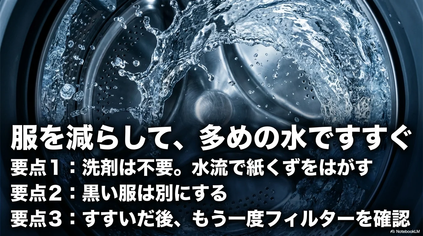 ティッシュを洗った服を減らして多めの水ですすぎ直す手順