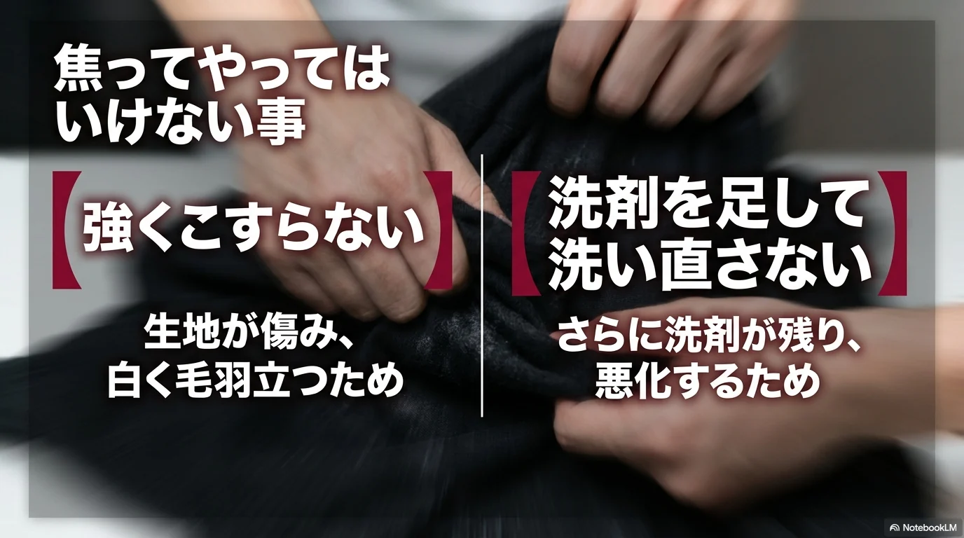 白い粉がついた黒い服で避けたい強いこすり洗いと洗剤追加