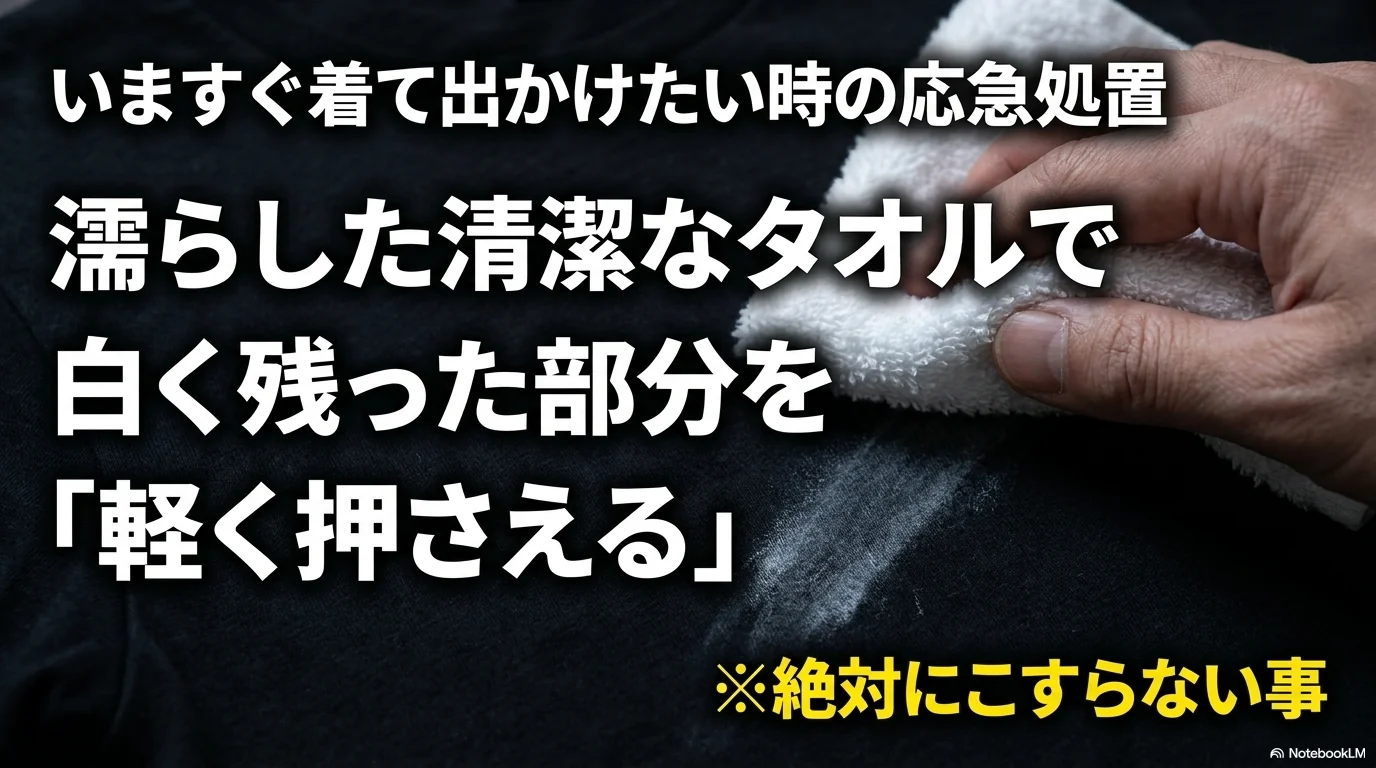 いますぐ着たい黒い服の白い粉を濡らした清潔なタオルで軽く押さえる応急処置