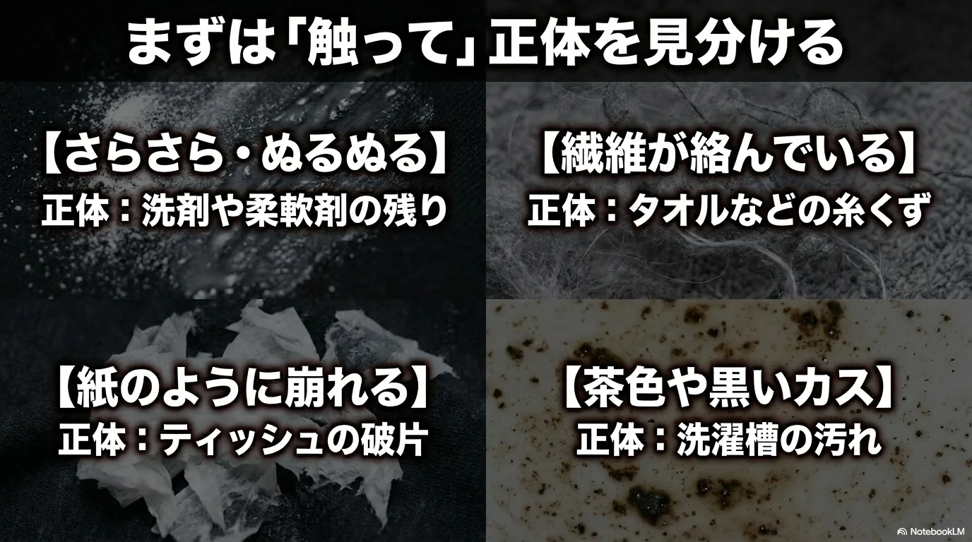 白い粉の正体をさらさらした粉や繊維や紙くずや洗濯槽汚れに分けて見分ける