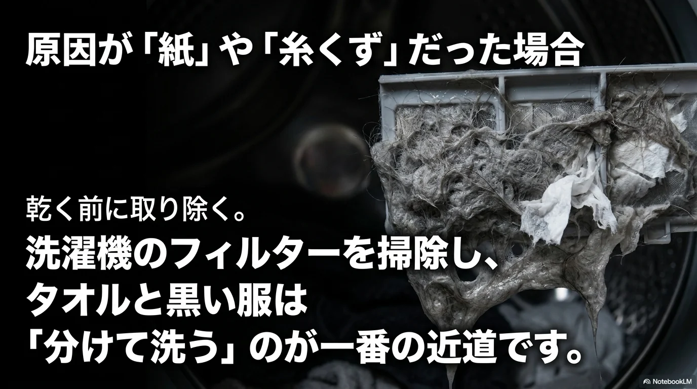 紙くずや糸くずが原因の場合は乾く前に取り除きフィルター掃除と分け洗いをする