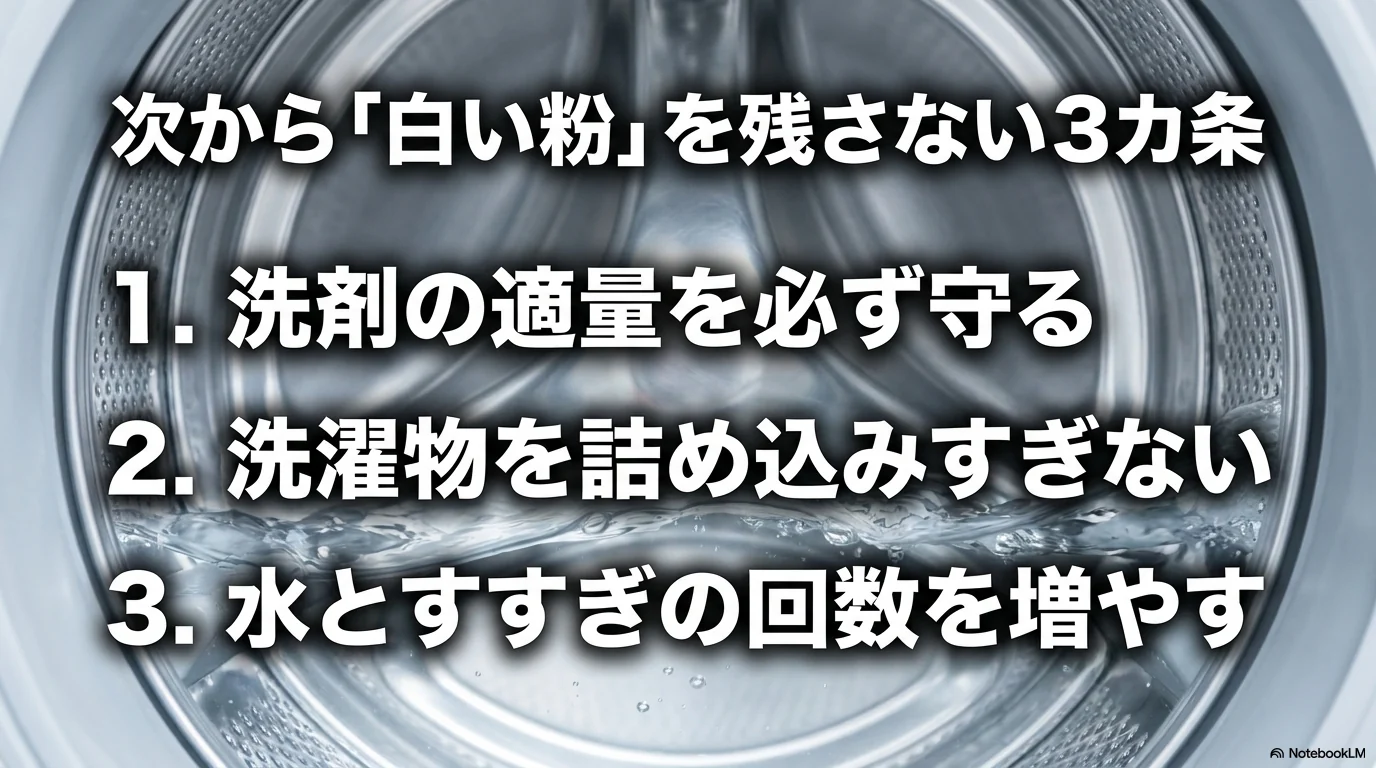 洗剤量を守る、詰め込みすぎない、水とすすぎ回数を増やす白い粉予防の3カ条