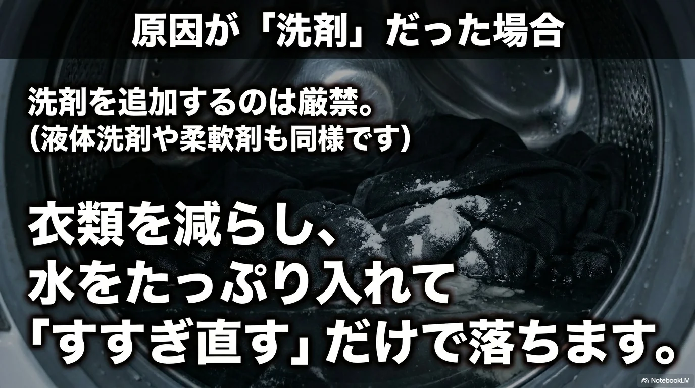 洗剤残りが原因の時は洗剤を追加せず衣類を減らしてすすぎ直す