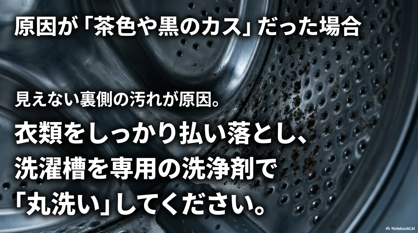 茶色や黒いカスが混ざる時は洗濯槽の裏側汚れを疑い槽洗浄する