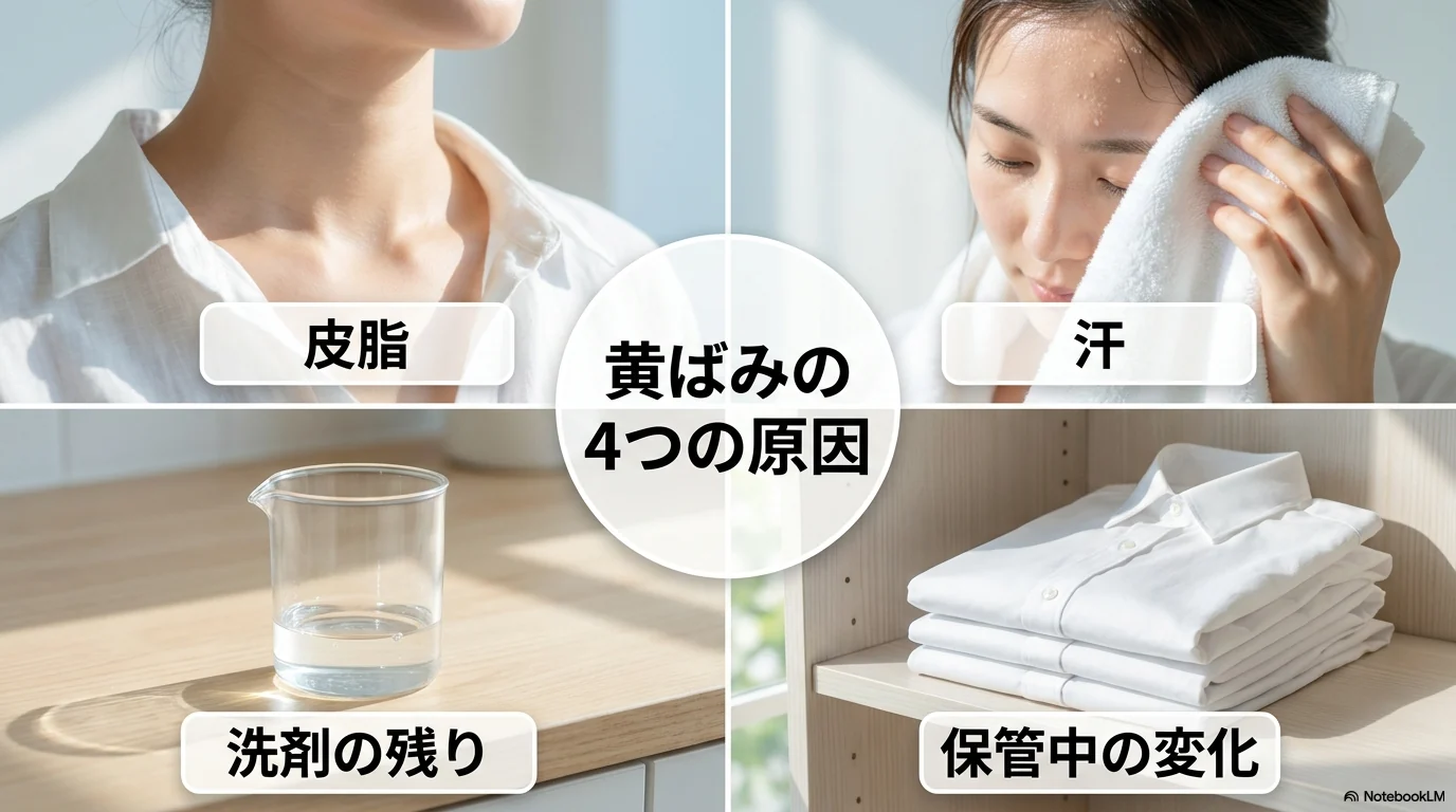 洗濯で黄ばみが出る皮脂や汗や洗剤残りなど4つの原因を説明する図解