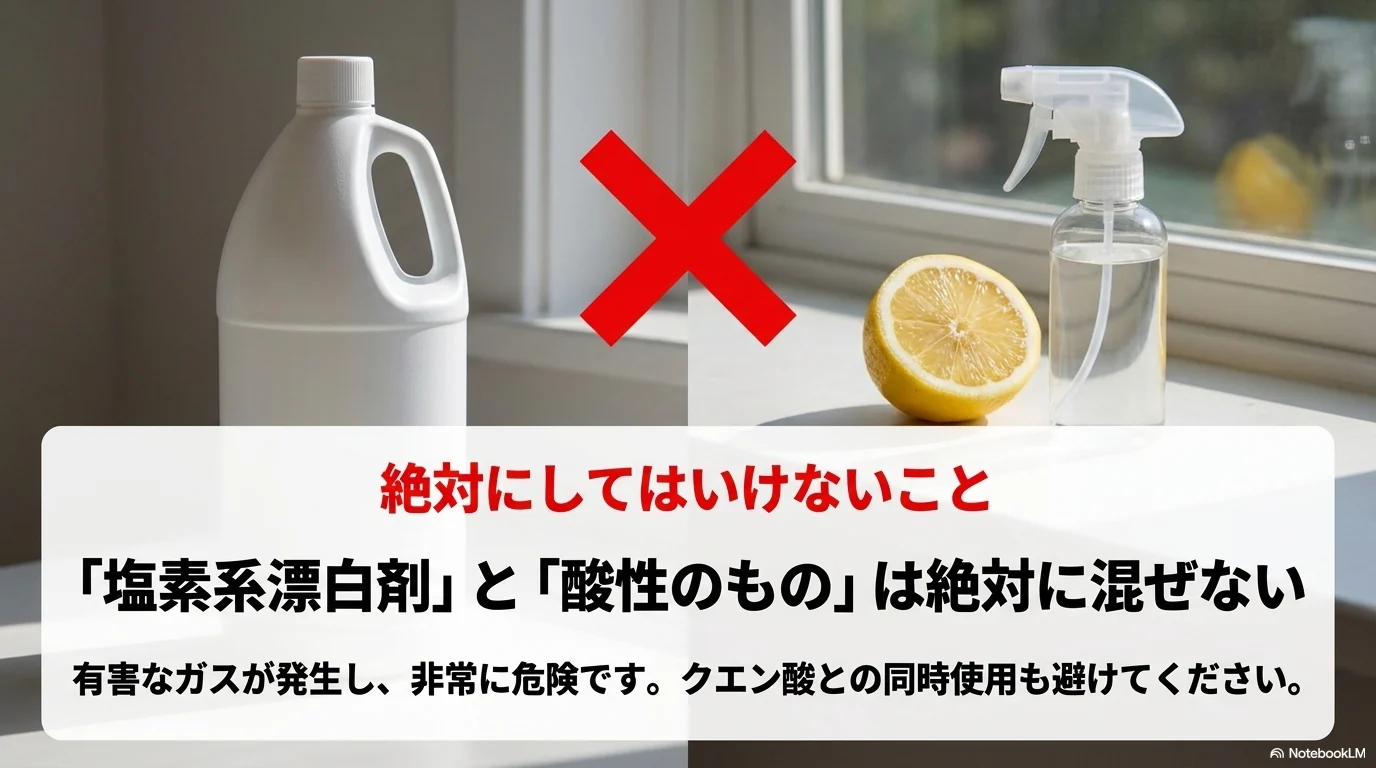 塩素系漂白剤と酸性製品を混ぜない安全注意の図解