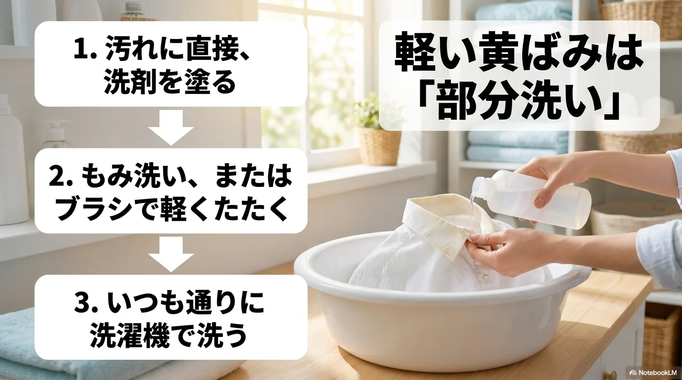襟や袖の軽い黄ばみを洗剤で部分洗いする手順