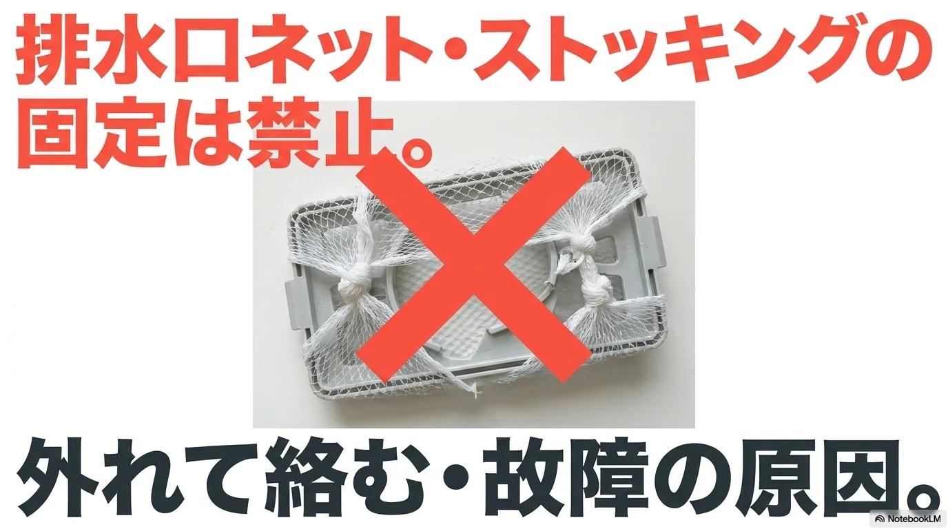 排水口ネットやストッキングを洗濯機内へ固定しない注意