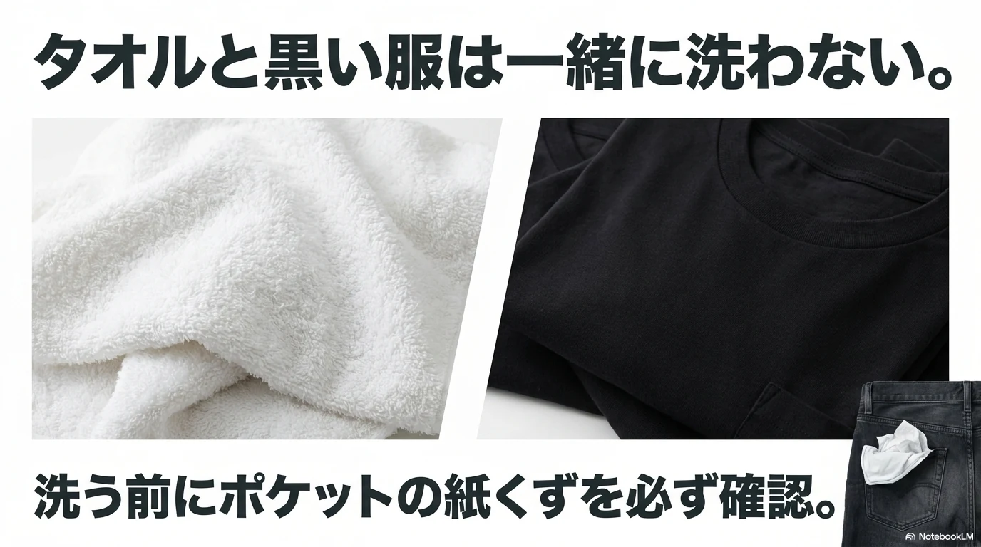 タオルと黒い服は一緒に洗わずポケットの紙くずも確認する説明
