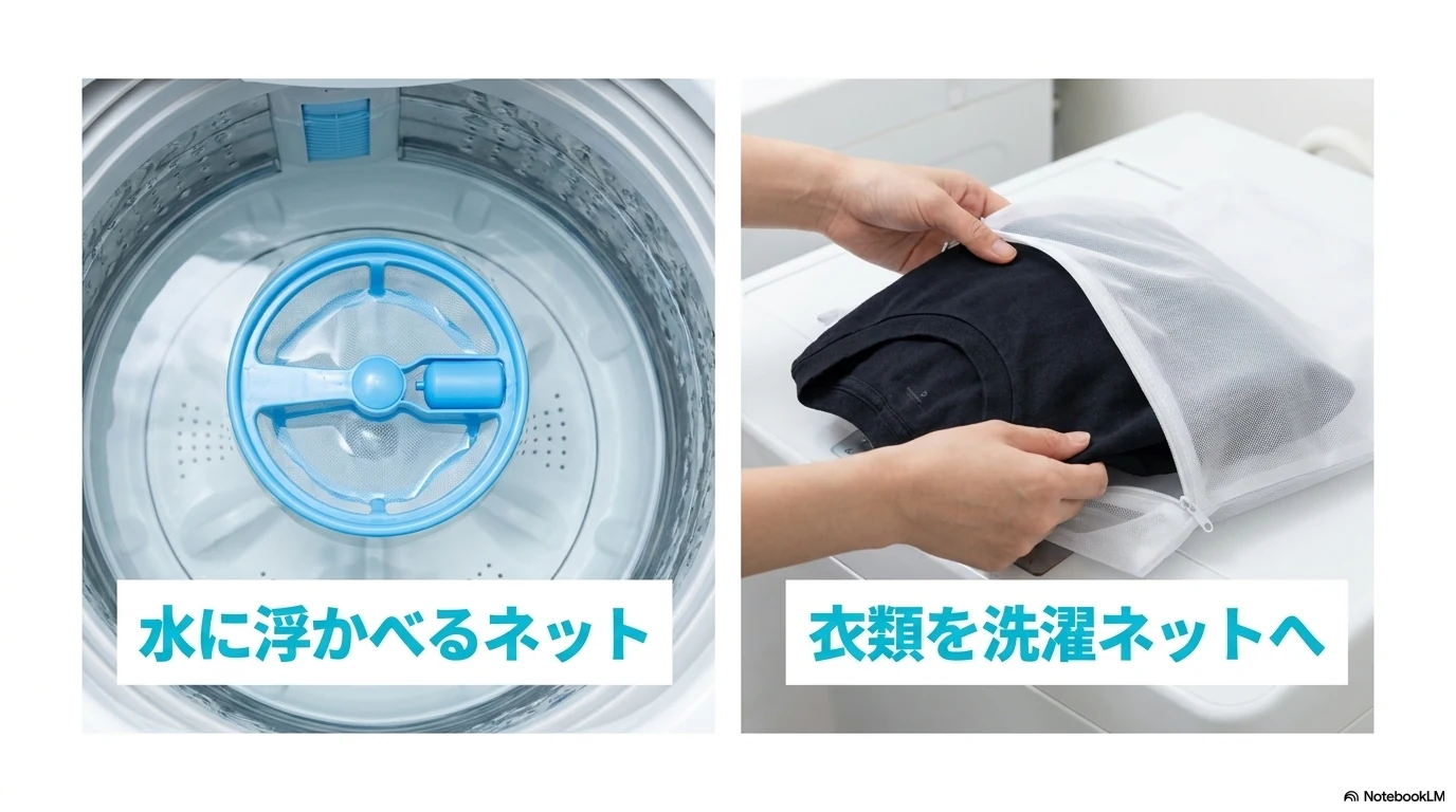 水に浮かべるくず取りネットと衣類を洗濯ネットへ入れる代用方法