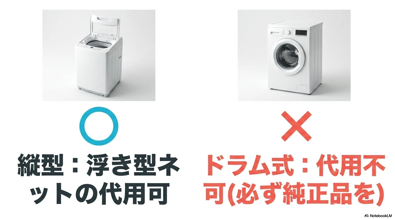 縦型は浮き型ネットの代用可だがドラム式は純正品を優先する説明