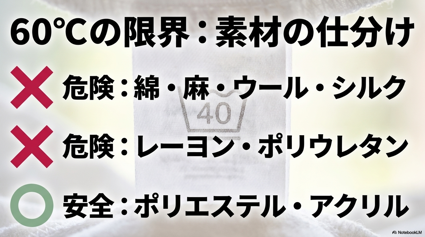 60度洗濯の素材別の向き不向きを示す図解