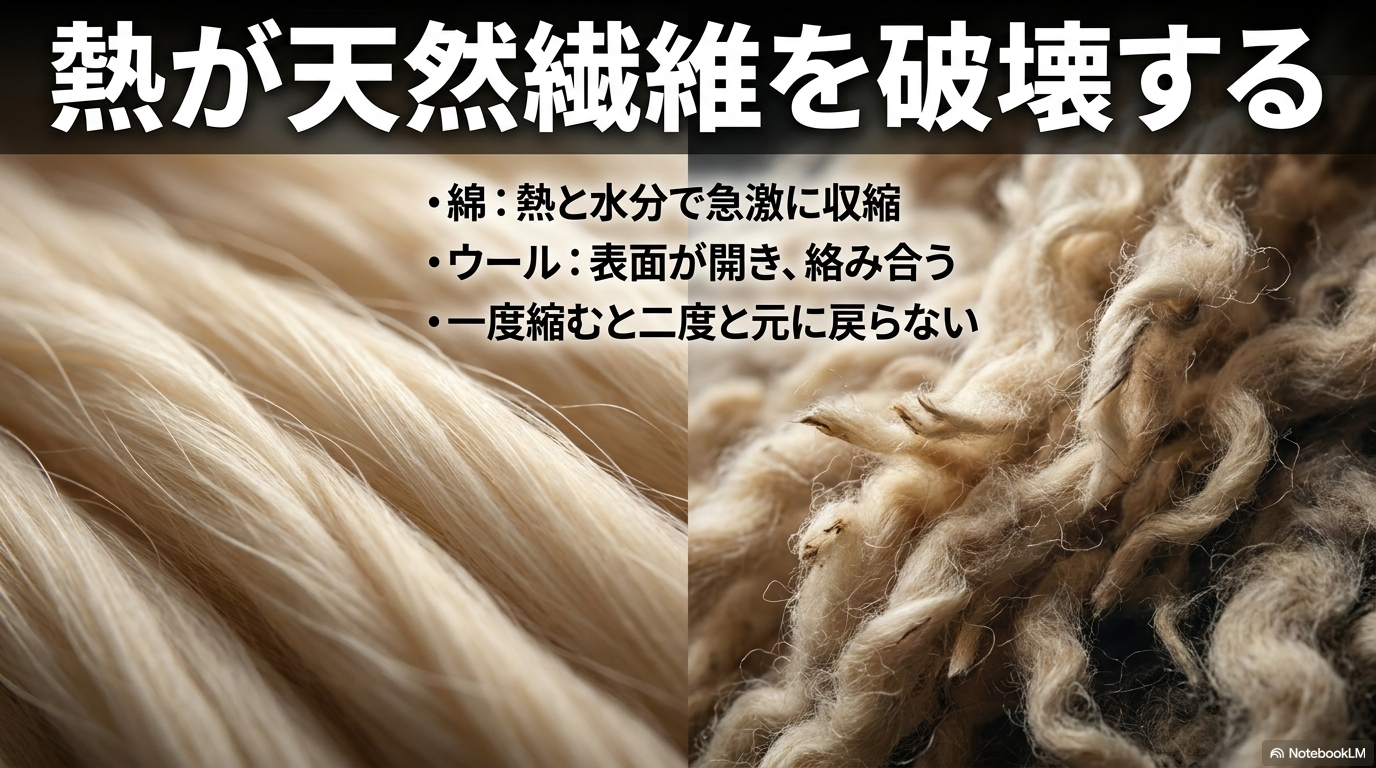 熱が天然繊維を傷めることを示す図解