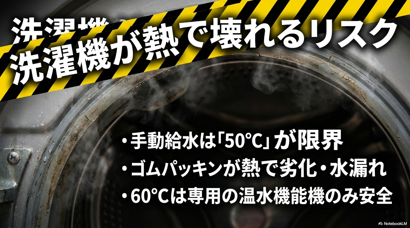 高温が洗濯機を傷めるリスクを示す図解