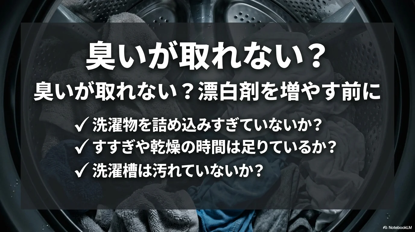 臭いが取れない時は漂白剤を増やす前に詰め込みやすすぎや洗濯槽を確認する