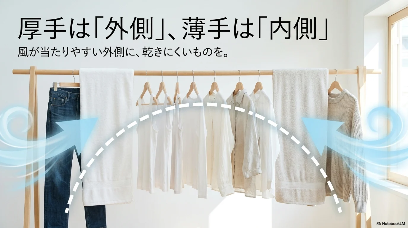 厚手の服は外側に薄手の服は内側に干す配置