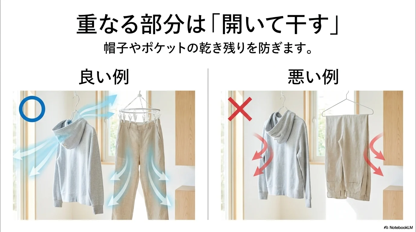 フードやポケットなど重なる部分を開いて干す