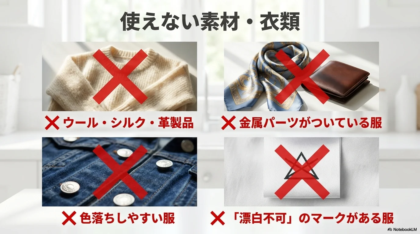 過炭酸ナトリウムを使えないウールやシルクや革製品や金属パーツ付き衣類の例