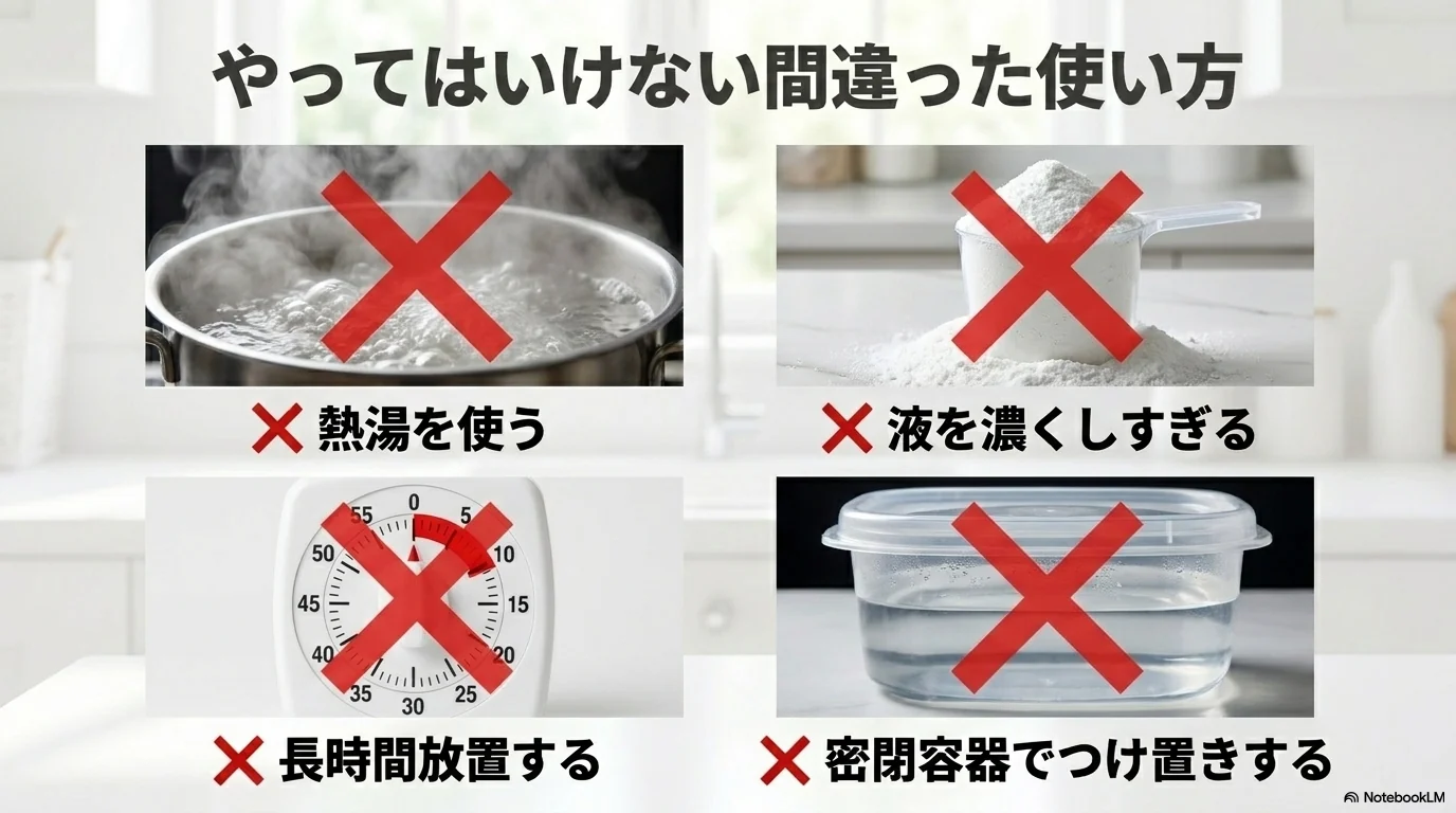 過炭酸ナトリウムで熱湯や濃すぎる液や長時間放置や密閉容器を避ける注意点