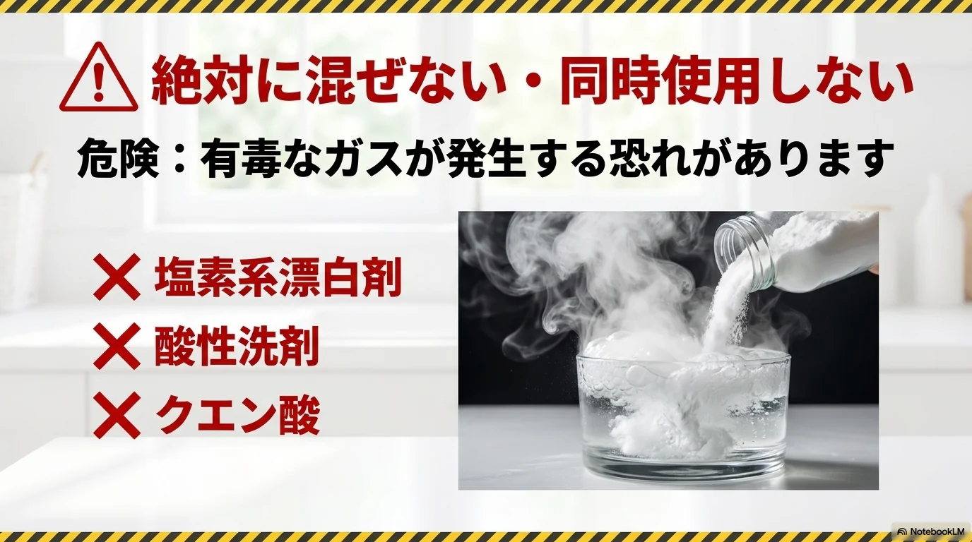 過炭酸ナトリウムと塩素系漂白剤や酸性洗剤やクエン酸を混ぜない注意喚起
