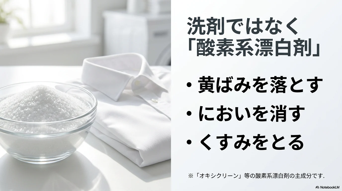 過炭酸ナトリウムは洗剤ではなく酸素系漂白剤として黄ばみやにおいに使う図解