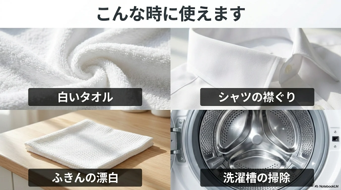 過炭酸ナトリウムを白いタオルやシャツの襟ぐりやふきんや洗濯槽掃除に使う場面