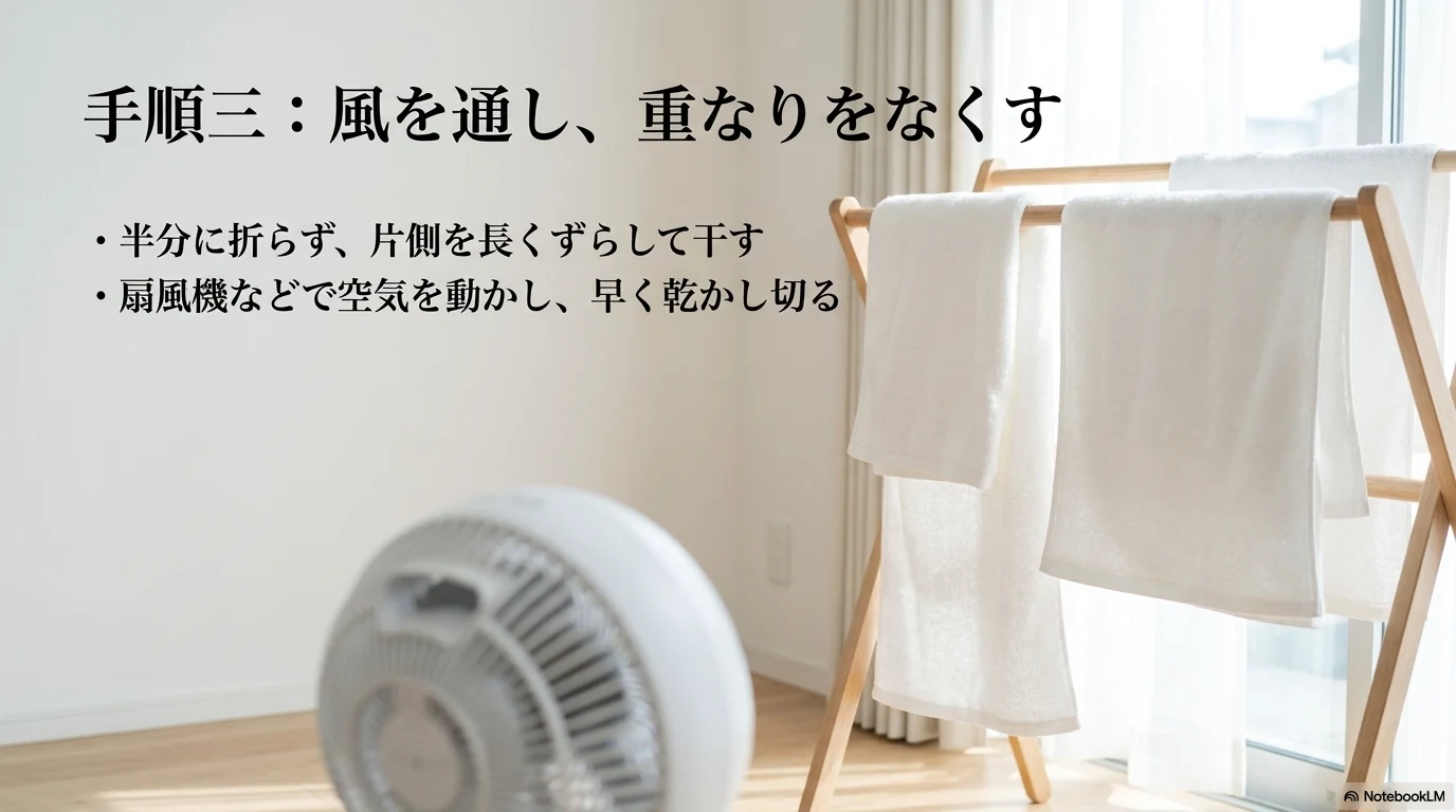 タオルを重ねず風を通して早く乾かす干し方