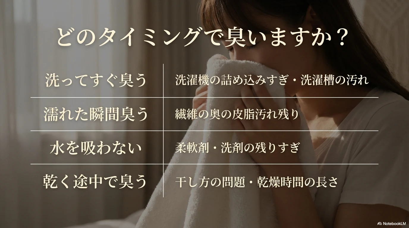 タオルの臭いが出るタイミング別に原因を確認する早見表