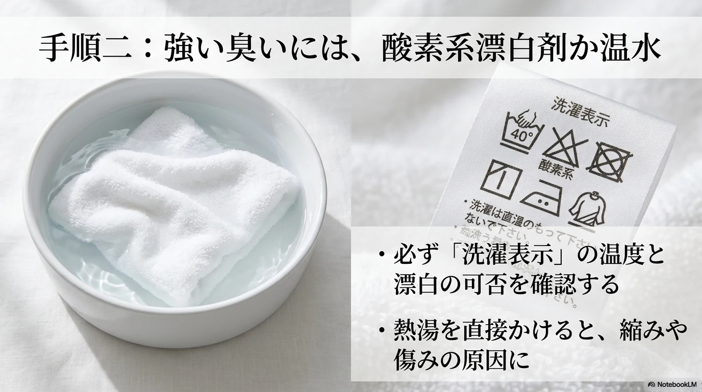酸素系漂白剤や温水を使う前にタオルの洗濯表示を確認する