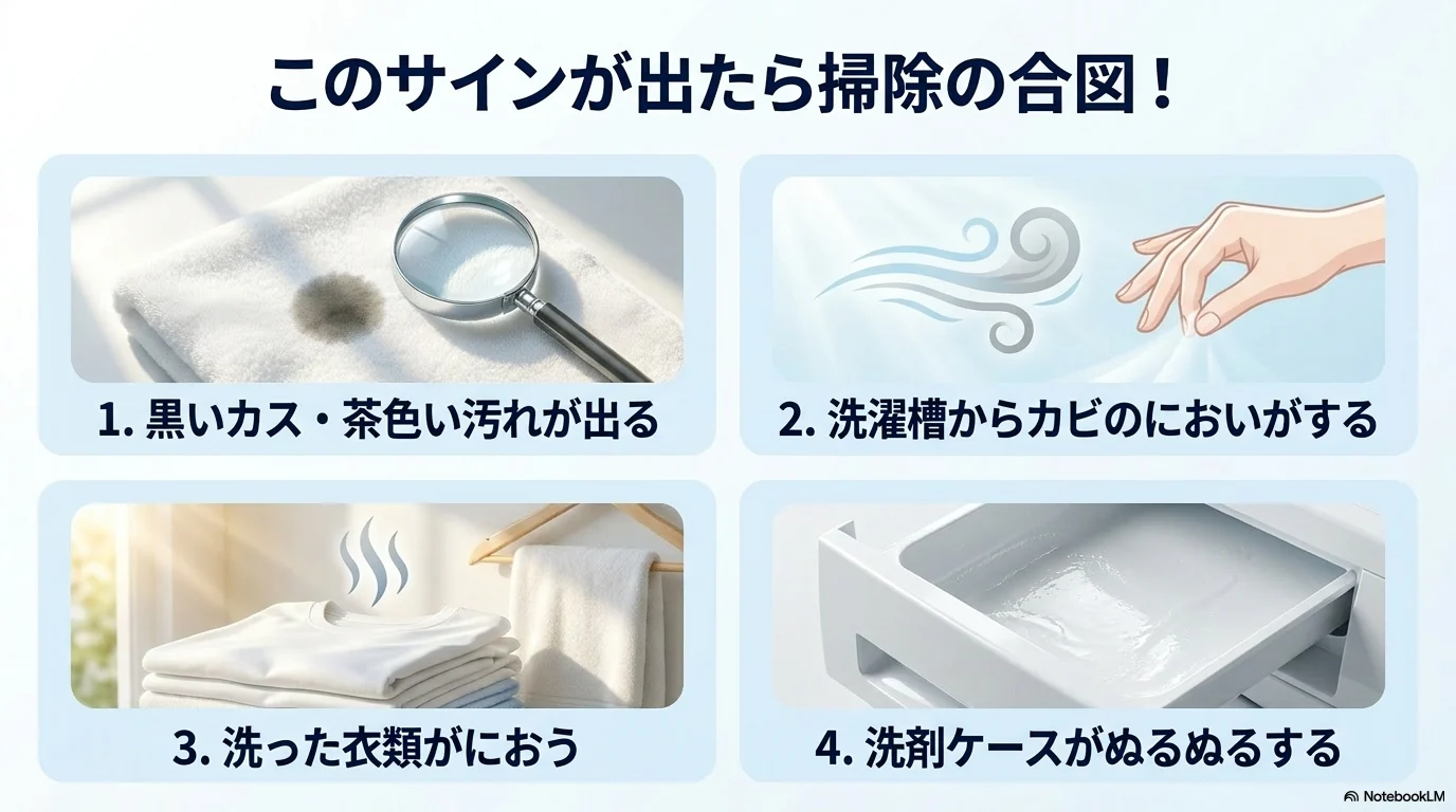 黒いカスやカビ臭さなど洗濯槽掃除を早めた方がいいサイン
