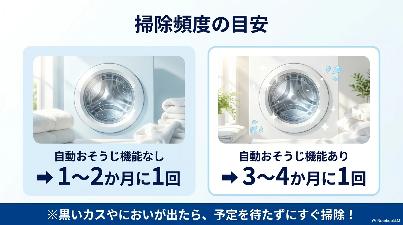 洗濯槽掃除の頻度は自動おそうじ機能なしなら1〜2か月に1回ありなら3〜4か月に1回が目安