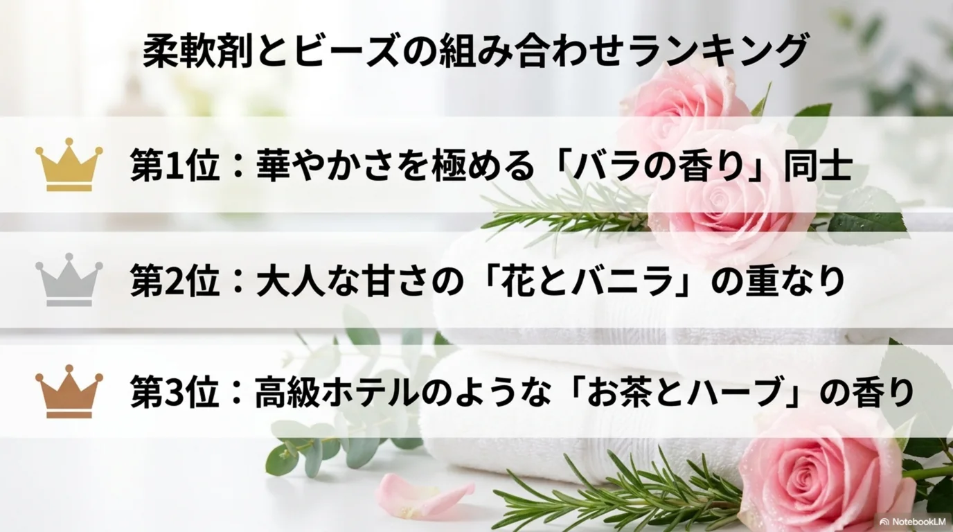 柔軟剤と洗濯ビーズの香りの組み合わせ例を、バラ同士・花とバニラ・お茶とハーブの3パターンで示した図