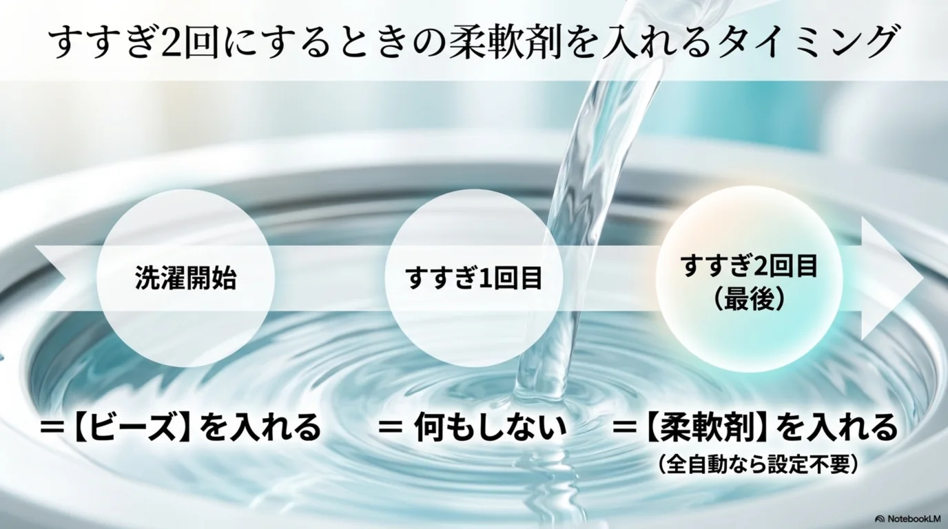 すすぎを2回に設定した場合、洗濯開始時にビーズを入れ、最後のすすぎで柔軟剤が入る流れを示した図