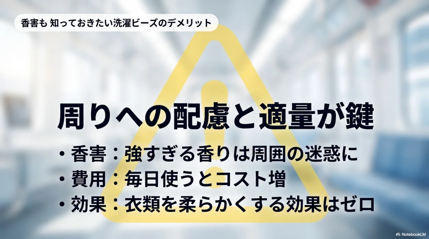 香りが強すぎると周囲への配慮が必要になること、毎日使うとコストが増えること、衣類を柔らかくする効果はないことを整理した図