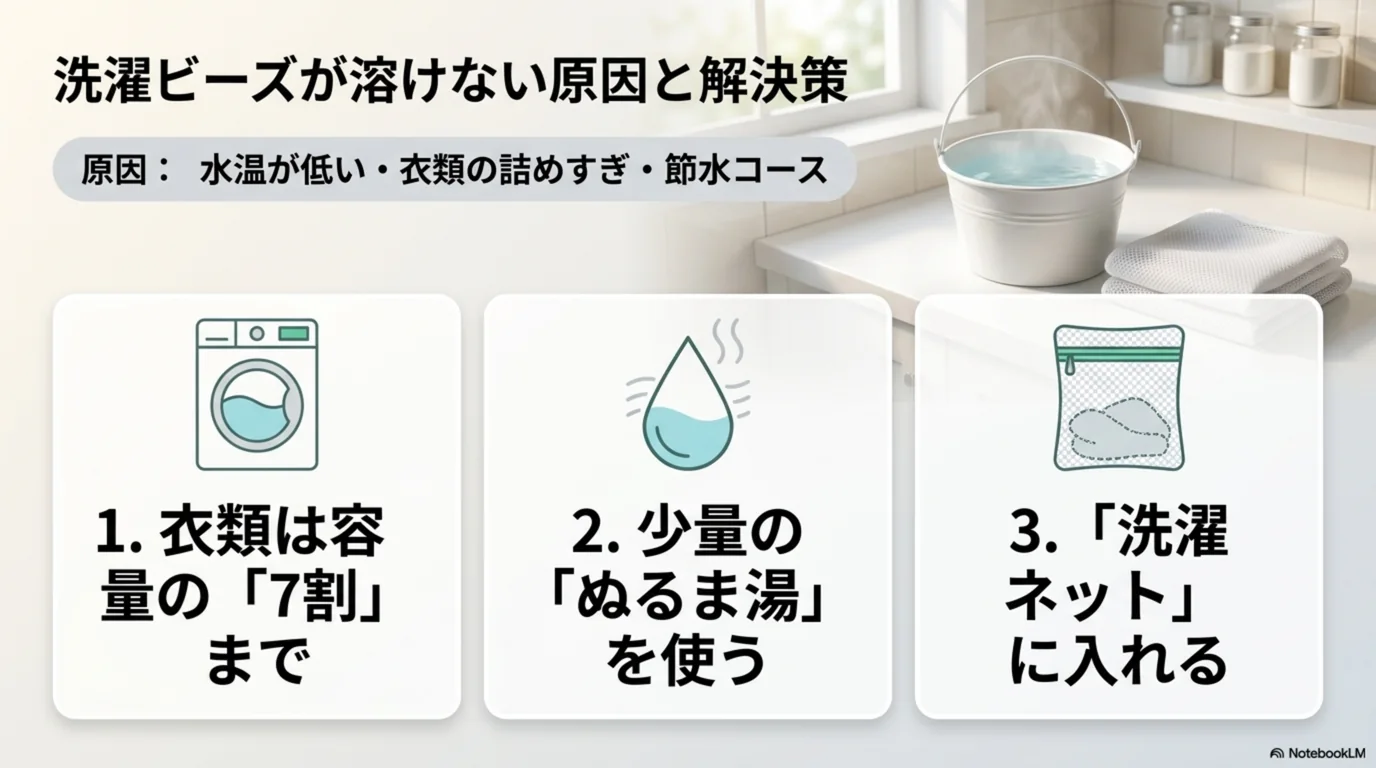 溶け残りの原因は水温の低さと衣類の詰めすぎで、衣類は容量の7割まで・ぬるま湯を使う・洗濯ネットに入れるという対策を示した図