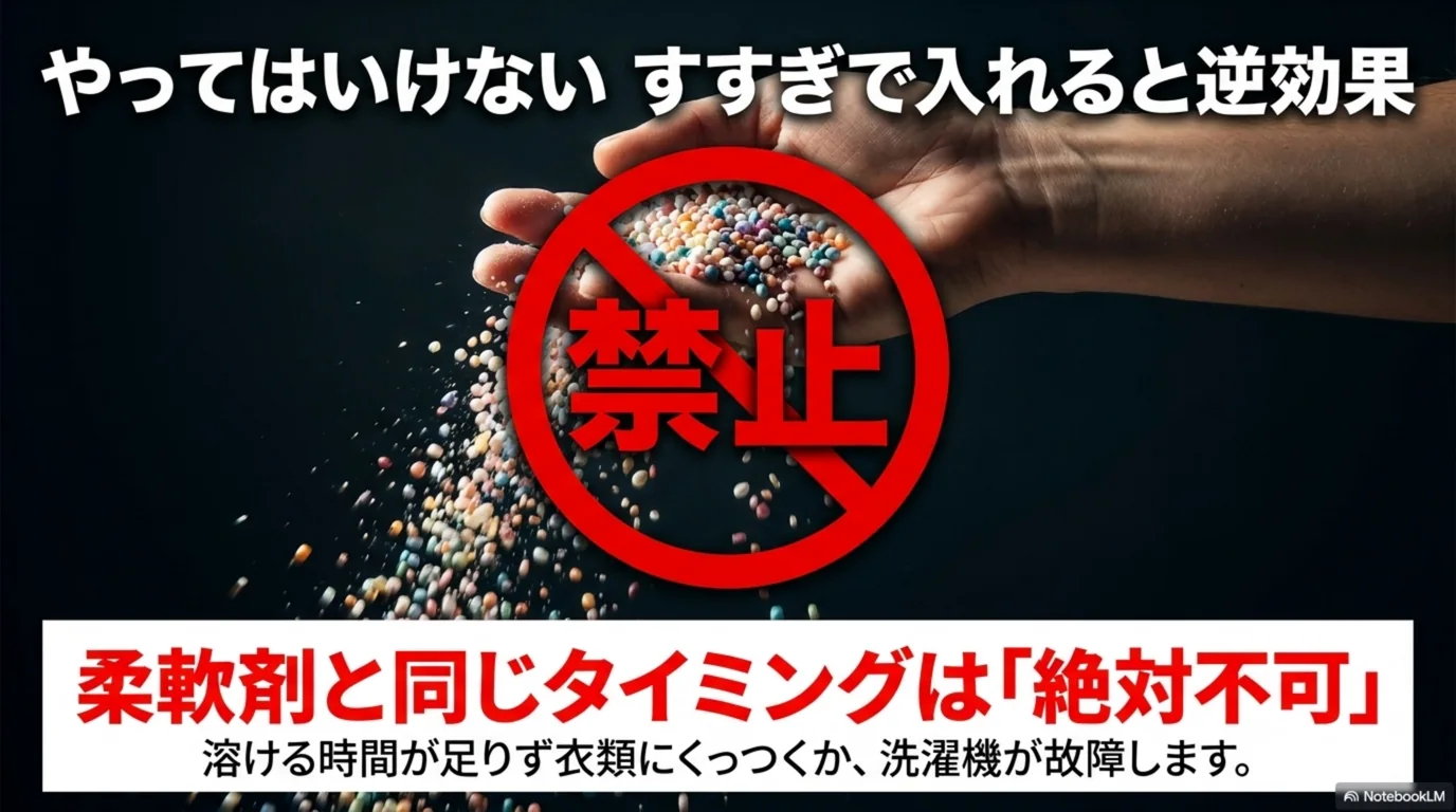 すすぎの工程で洗濯ビーズを入れると溶ける時間が足りず、衣類に付着したり洗濯機の不調につながることを示した図